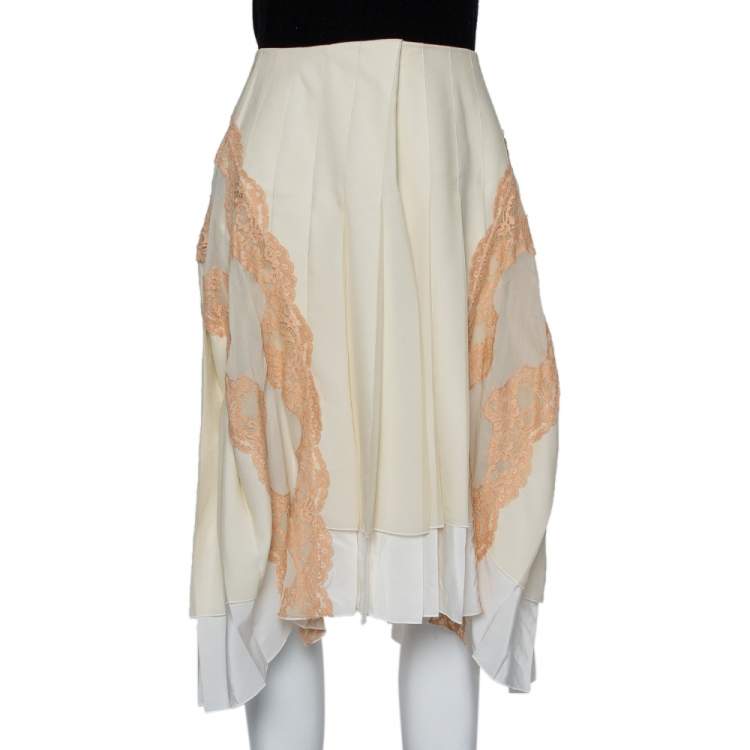 Pre Owned Chloe Cream Silk Chiffon lace trim Asymmetric hem Detail Pleated Midi Skirt M