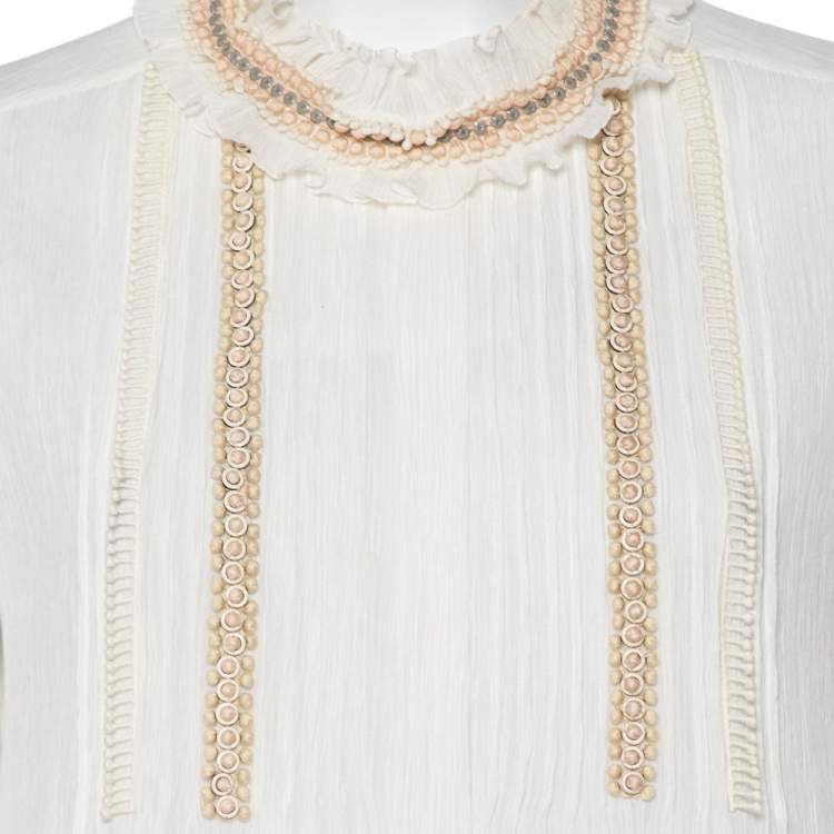 Pre Owned Chloé Off-White Crinkled Cotton Embroidered Trim Detail Top M
