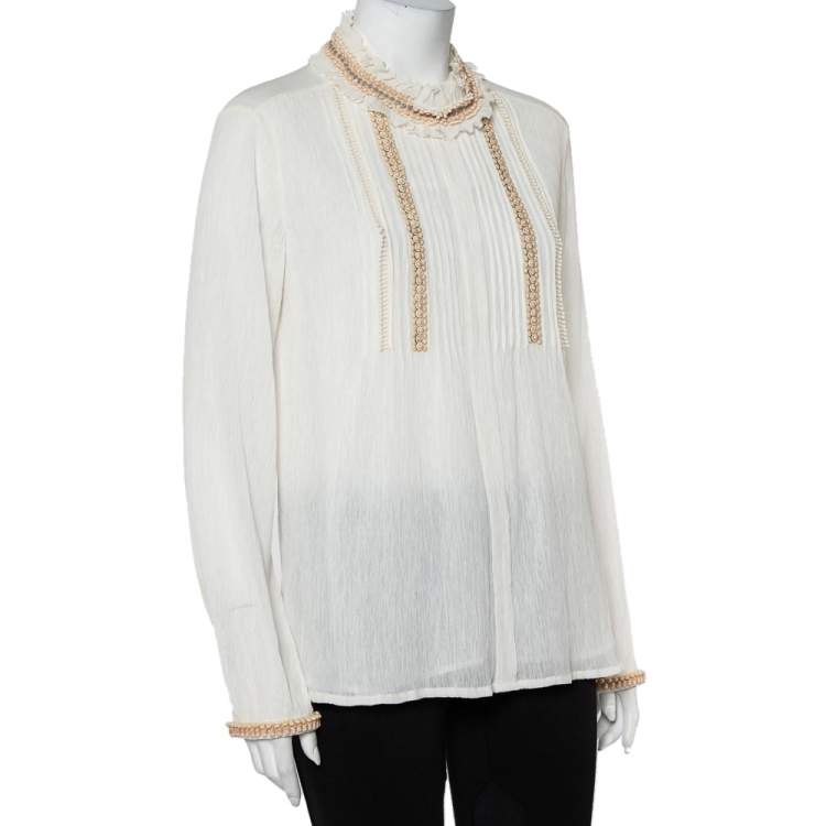 Pre Owned Chloé Off-White Crinkled Cotton Embroidered Trim Detail Top M