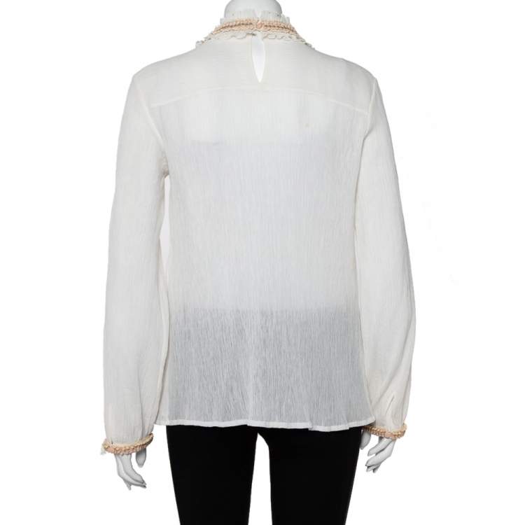 Pre Owned Chloé Off-White Crinkled Cotton Embroidered Trim Detail Top M