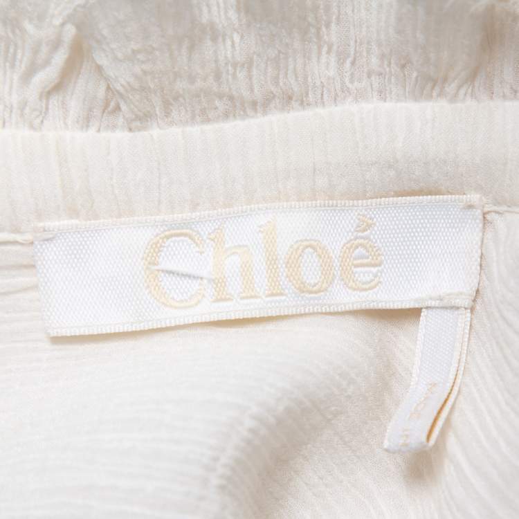 Pre Owned Chloé Off-White Crinkled Cotton Embroidered Trim Detail Top M