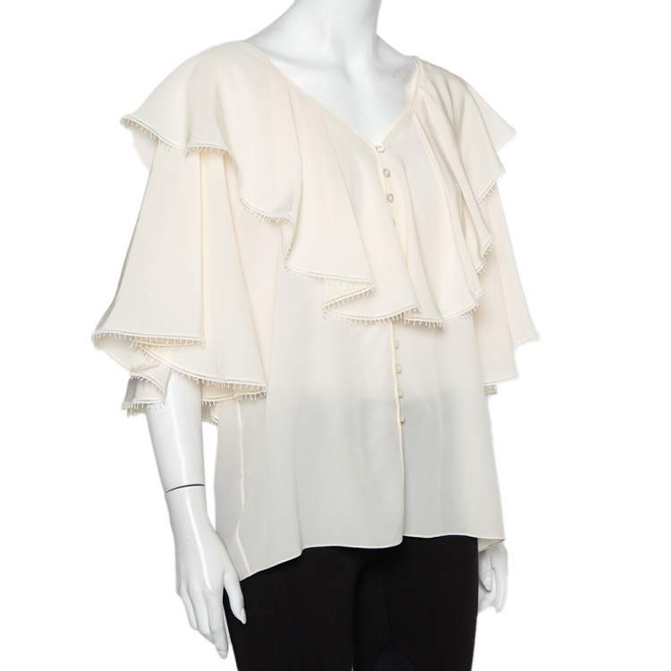 Pre Owned Chloe Cream Silk Ruffled Button Front Top L