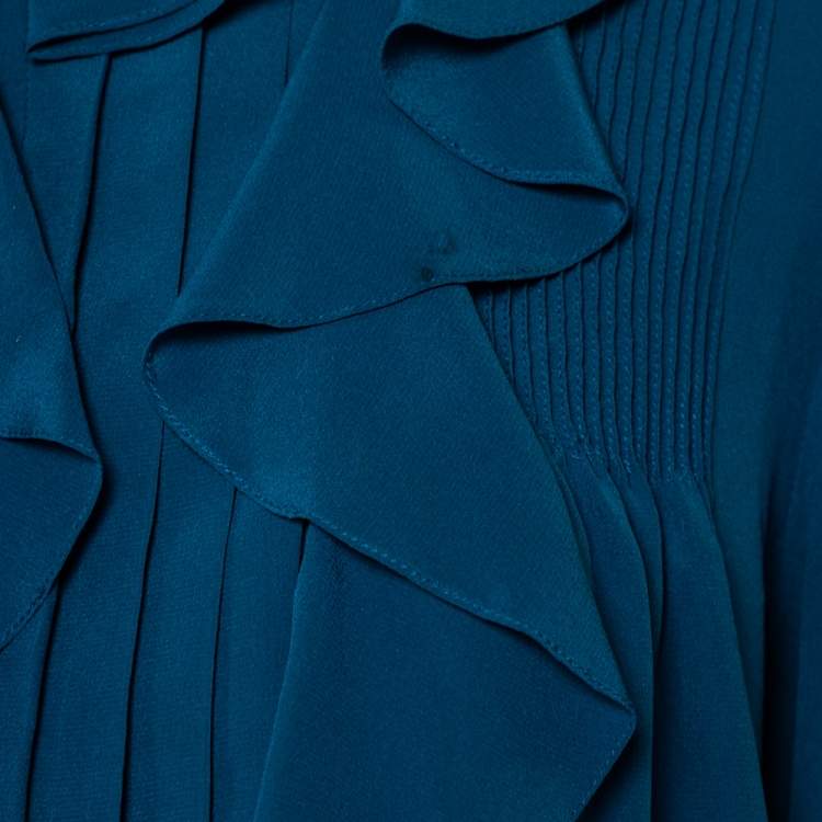 Pre Owned Chloé Ocean Blue Silk Button Front Ruffled Top L