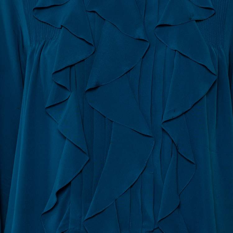 Pre Owned Chloé Ocean Blue Silk Button Front Ruffled Top L