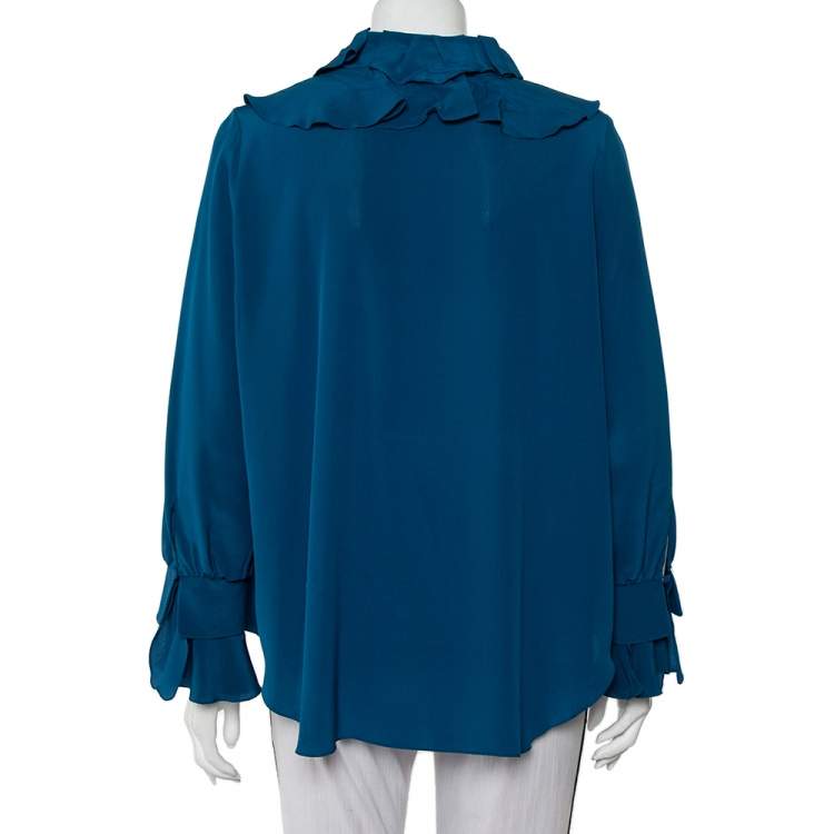 Pre Owned Chloé Ocean Blue Silk Button Front Ruffled Top L
