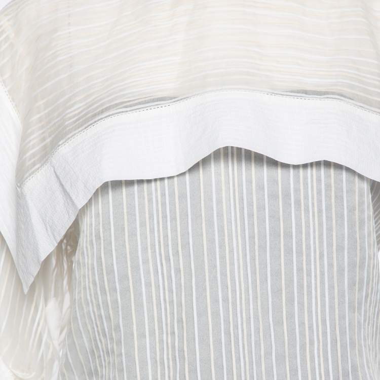 Pre Owned Chloe White Striped Silk & Cotton Overlay Detail Top M