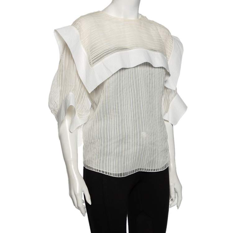 Pre Owned Chloe White Striped Silk & Cotton Overlay Detail Top M
