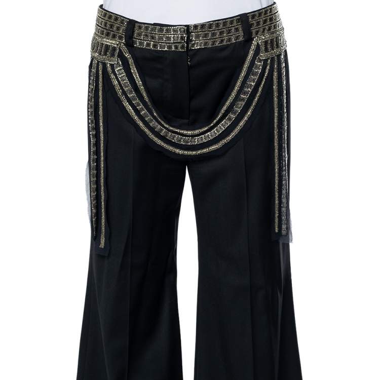 مملوكة مسبقًا Chloe Vintage Black Wool Embellished Waist Detail Wide Leg Pants M
