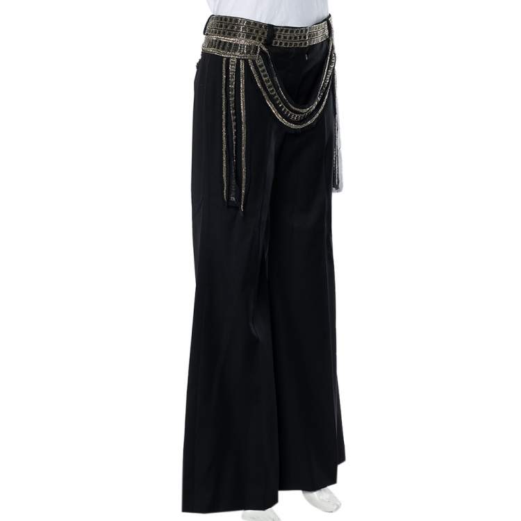 مملوكة مسبقًا Chloe Vintage Black Wool Embellished Waist Detail Wide Leg Pants M