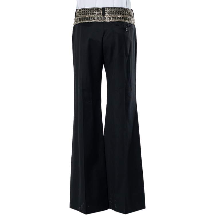 مملوكة مسبقًا Chloe Vintage Black Wool Embellished Waist Detail Wide Leg Pants M