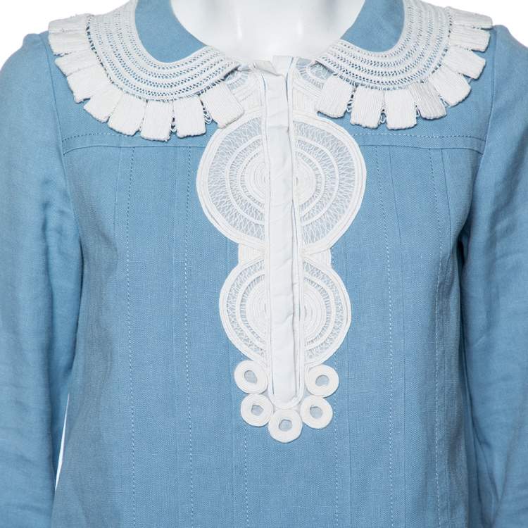 Pre Owned Chloe Blue Eyelet Cotton Pleated Hem Detail Short Dress S 