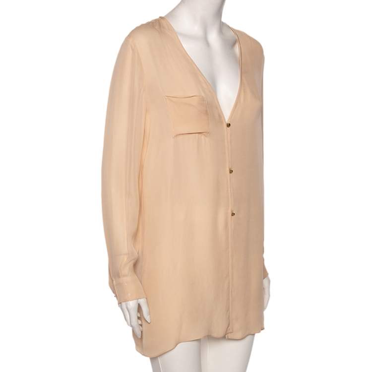 Pre Owned Chloe Peach Silk Pocket Detailed Button Front Oversized Blouse M