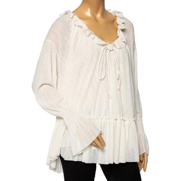 Pre Owned Chloe Cream Knit Ruffled Detail Long Sleeve Oversized Blouse M