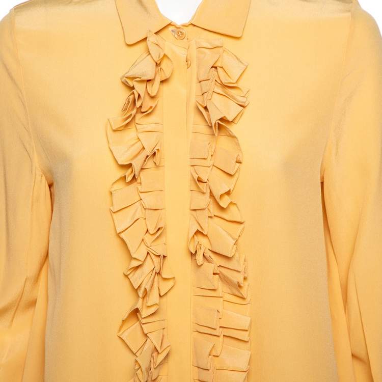 Pre Owned Chloe Golden Beige Silk Ruffled Front Detail Long Sleeve Shirt M