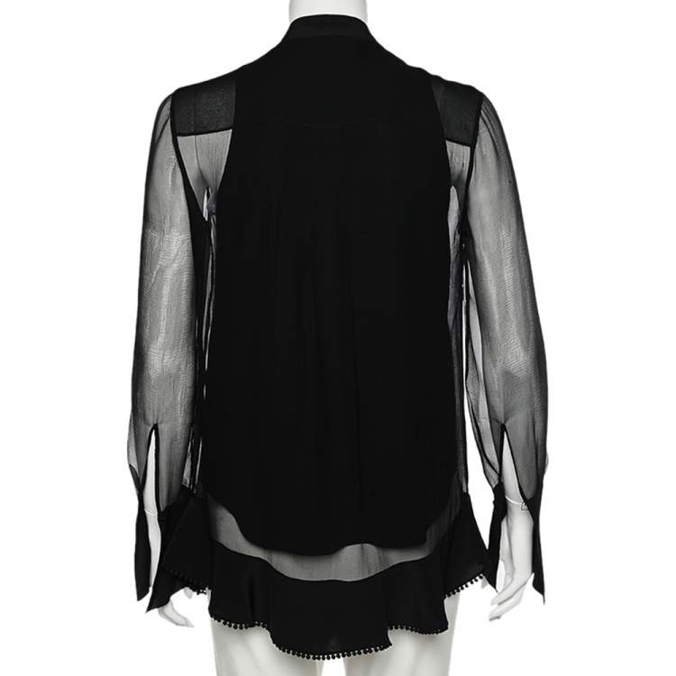 Pre Owned Chloe Black Silk Ruffled Trim Detail Long Sleeve Blouse S