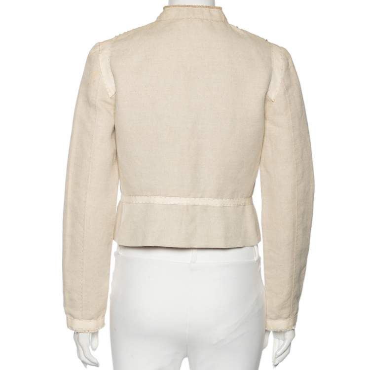 Pre Owned Chloe Beige Cotton & Linen Embellished Cropped Jacket M
