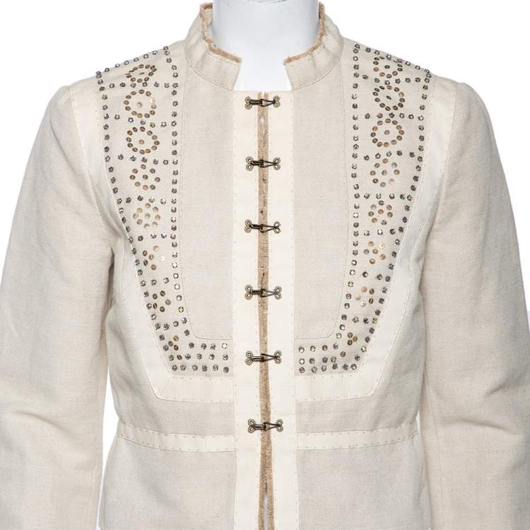 Pre Owned Chloe Beige Cotton & Linen Embellished Cropped Jacket M