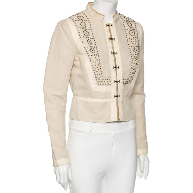 Chloe Beige Cotton & Linen Embellished Cropped Jacket M Chloe | TLC