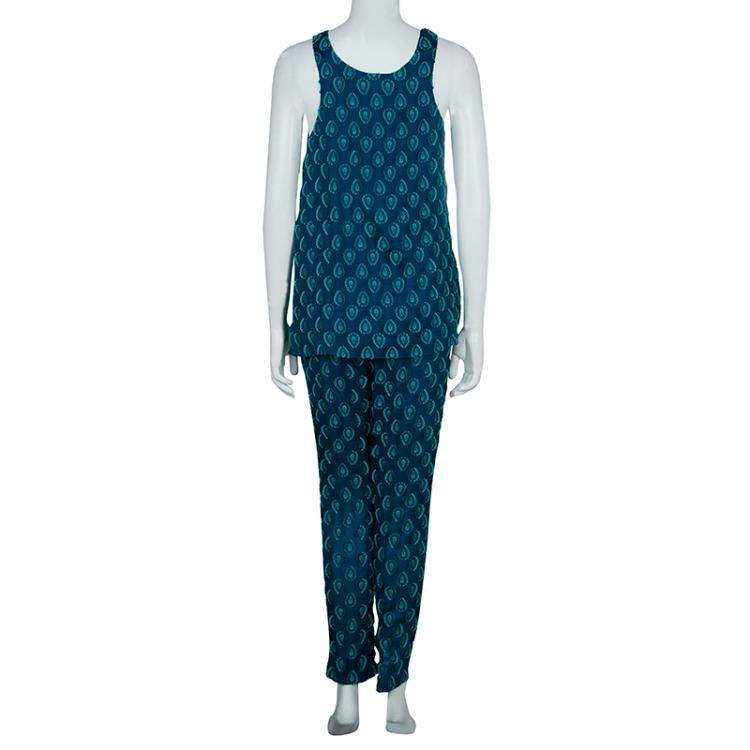 Pre Owned Chloe Cyan Blue Crinkled Silk Jacquard Top And Pants Set S