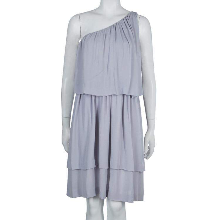 Pre Owned Chloe Grey Silk One Shoulder Tiered Dress S