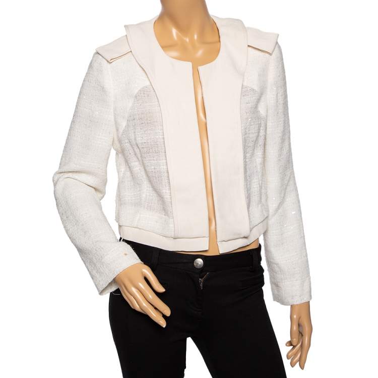 Pre Owned Chloe Cream Textured Tweed Open Front Jacket S
