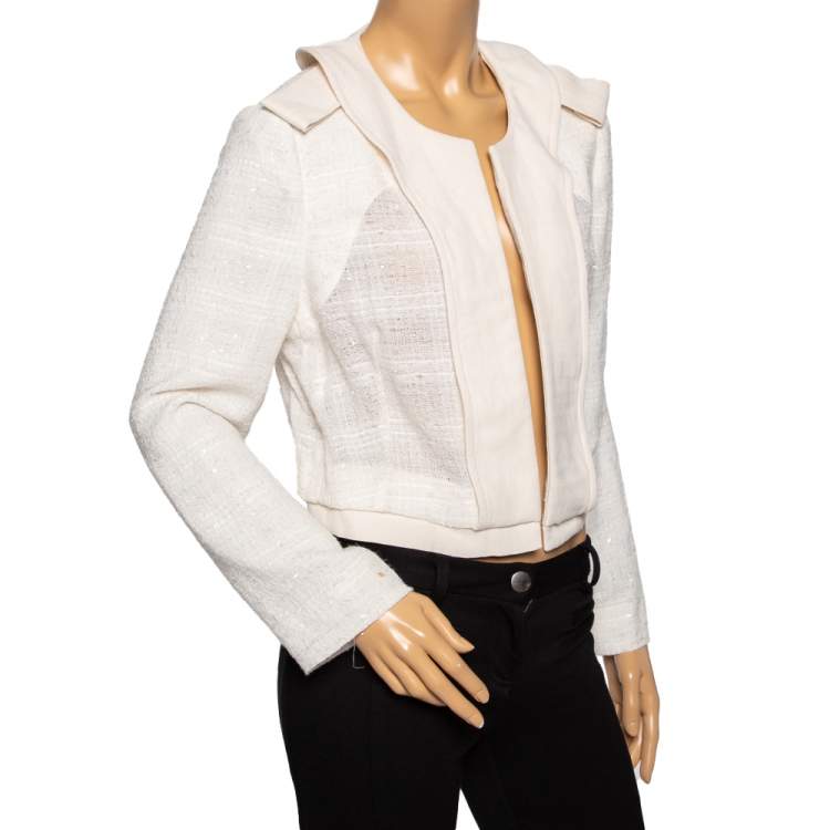 Pre Owned Chloe Cream Textured Tweed Open Front Jacket S