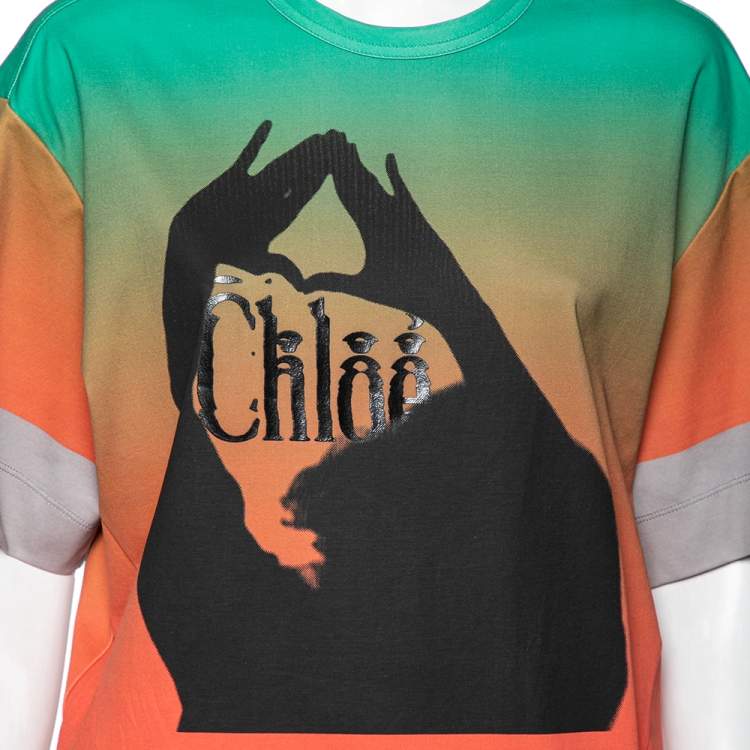 Pre Owned Chloe Orange & Green Ombre Cotton Logo Printed T-Shirt M