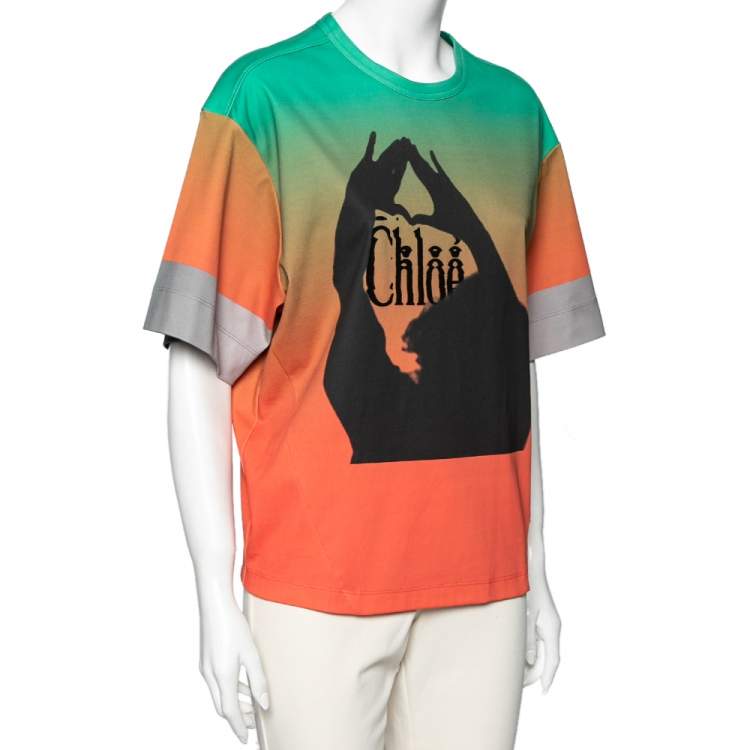 Chloe Orange & Green Ombre Cotton Logo Printed T-Shirt M Chloe | TLC