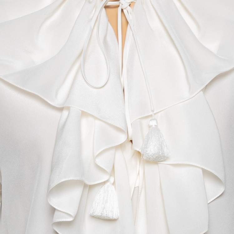 Pre Owned Chloe Off White Silk Ruffle Trimmed Neck Tie Detail Blouse S