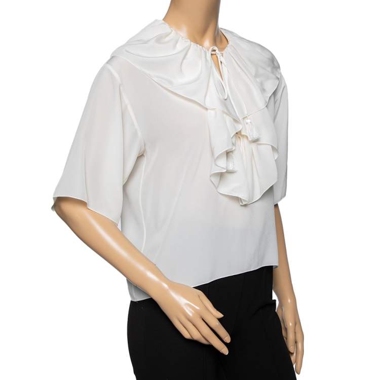 Chloe Off White Silk Ruffle Trimmed Neck Tie Detail Blouse S Chloe