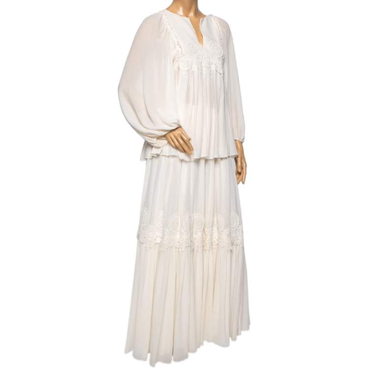 Pre Owned Chloe Cream Crinkle Silk Lace Trim Detailed Blouse and Skirt S