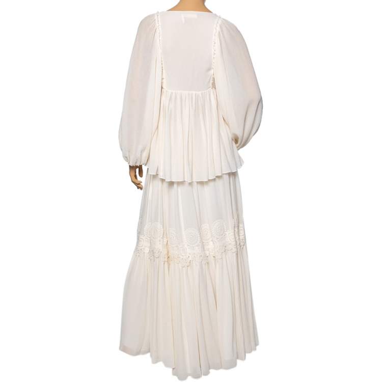Pre Owned Chloe Cream Crinkle Silk Lace Trim Detailed Blouse and Skirt S