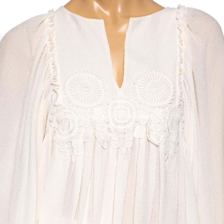 Pre Owned Chloe Cream Crinkle Silk Lace Trim Detailed Blouse and Skirt S