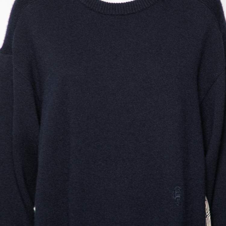 Pre Owned Chloe Navy Blue Cashmere & Monochrome Printed Silk Jumper M