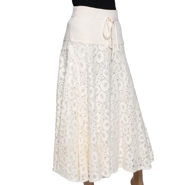 مملوكة مسبقًا Chloe White Lace & Knit Midi Skirt M