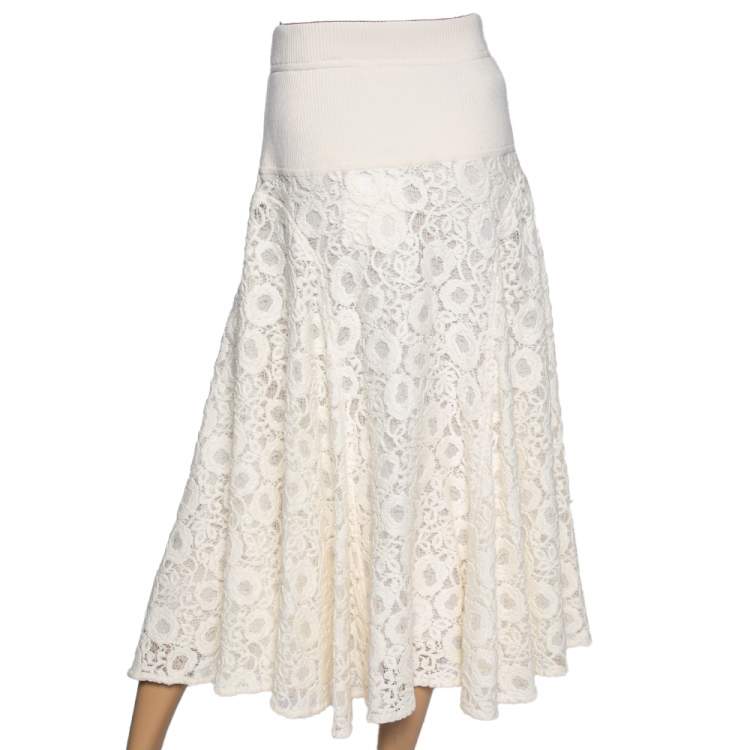 مملوكة مسبقًا Chloe White Lace & Knit Midi Skirt M