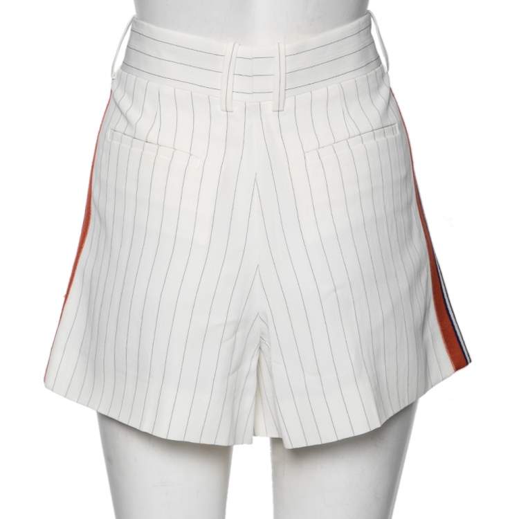 Pre Owned Chloe White Pinstriped Crepe Contrast Trimmed Shorts M