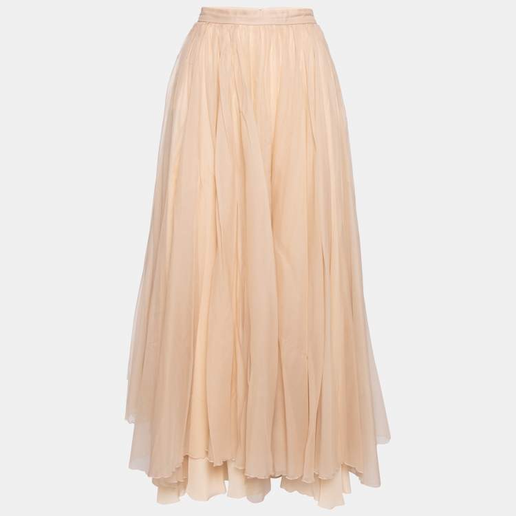Pre Owned Chloe Peach Silk Tulle Midi Skirt M 