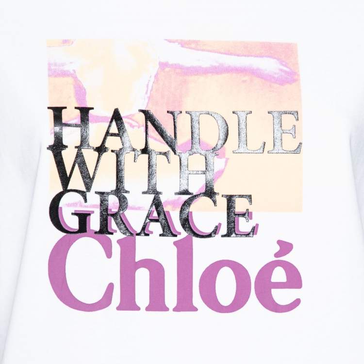 Pre Owned Chloe White Cotton Grace Print Crew Neck Top S