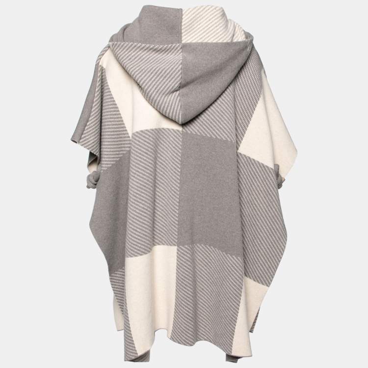 Pre Owned Chloe Grey and Beige Wool Fringe Detail Hooded Cape Cardigan XS - S
