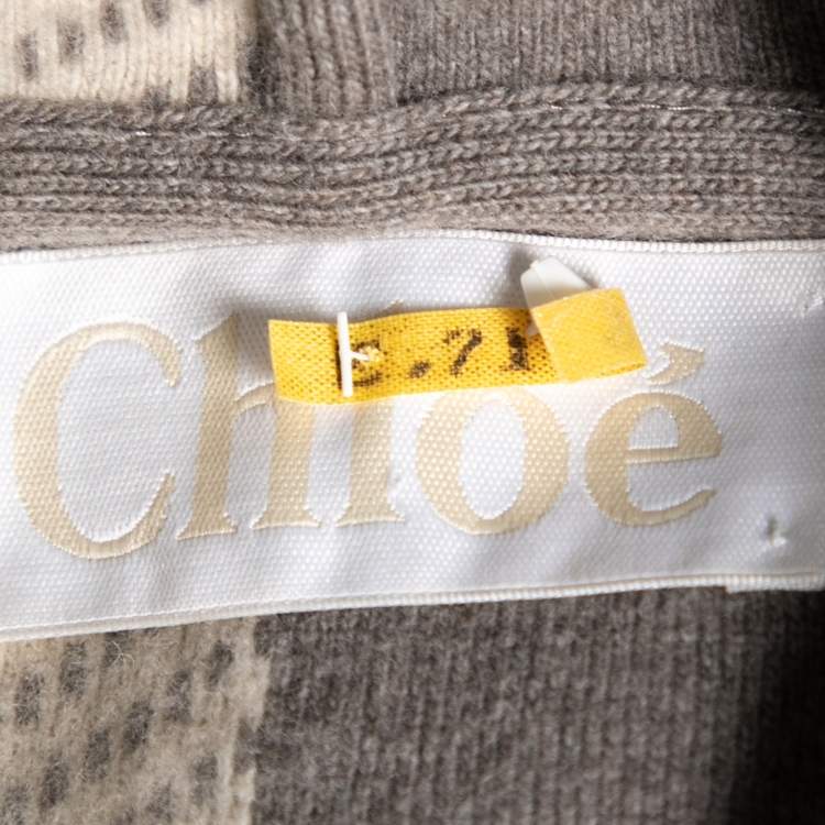 Pre Owned Chloe Grey and Beige Wool Fringe Detail Hooded Cape Cardigan XS - S