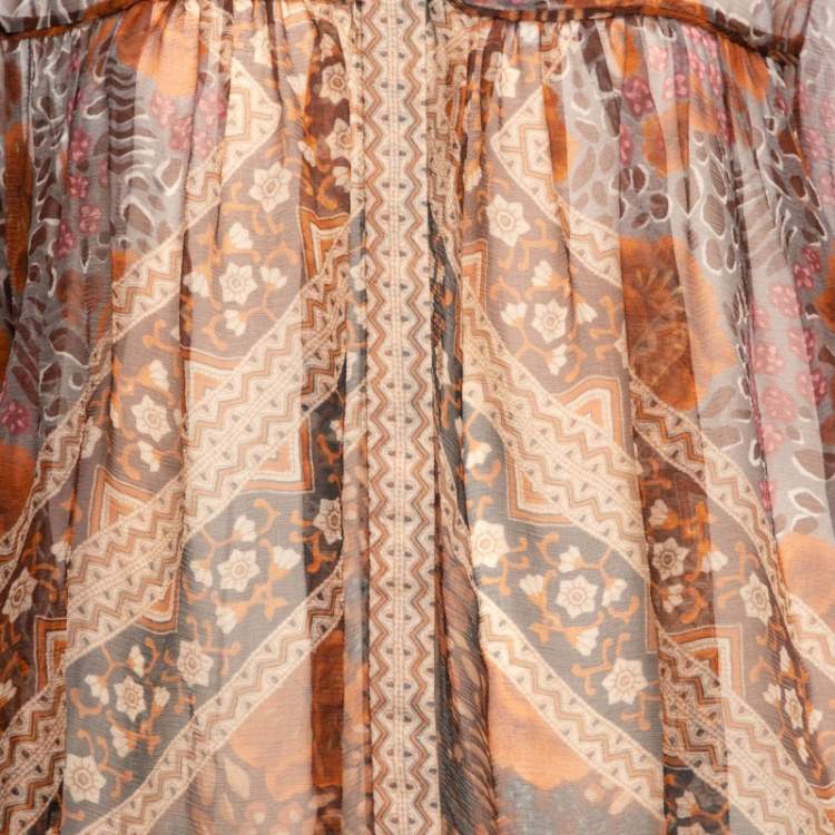 Pre Owned Chloe Rust Orange Printed Silk Chiffon Gathered Sleeve Detail Blouse L
