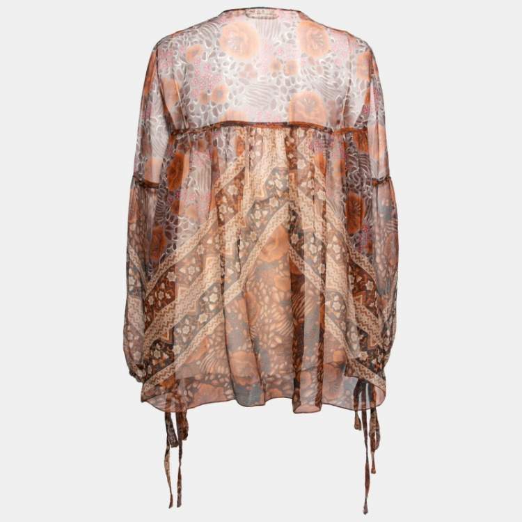 Pre Owned Chloe Rust Orange Printed Silk Chiffon Gathered Sleeve Detail Blouse L