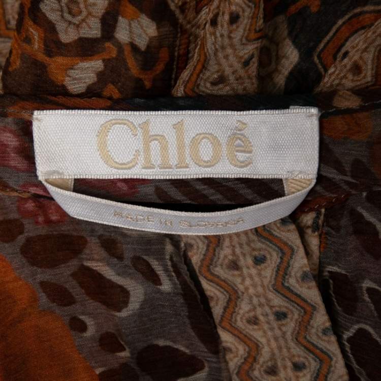 Pre Owned Chloe Rust Orange Printed Silk Chiffon Gathered Sleeve Detail Blouse L