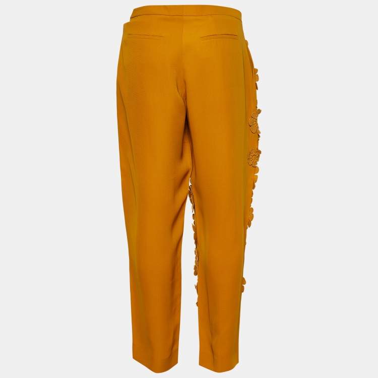 Pre Owned Chloé Orange Crepe Silk Floral Applique Trousers Waist: 31"