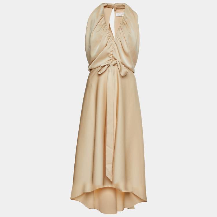 Pre Owned Chloe Macadamia Brown Crepe  V-neck Crepe Fluid Dress M