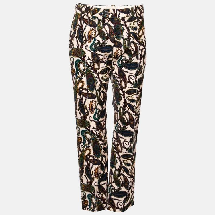 Pre Owned Chloe Beige Paisley Print Velvet Classic Straight Trousers M Waist 29" 