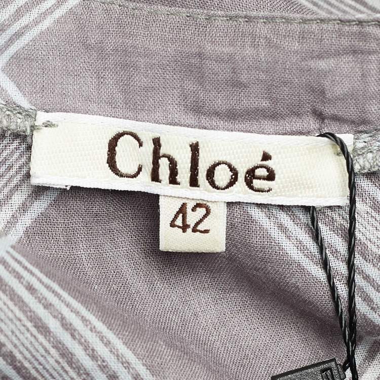 Pre Owned Chloe Grey Check Print Cotton Ruffle Detail Oversized Blouse L