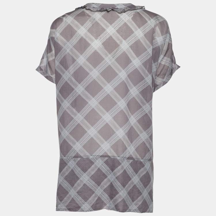 Pre Owned Chloe Grey Check Print Cotton Ruffle Detail Oversized Blouse L