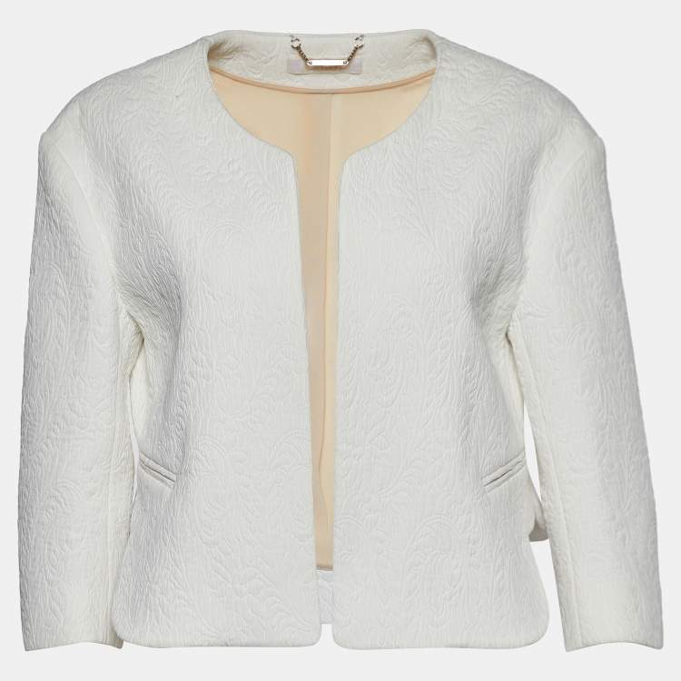 Pre Owned Chloe White Embossed Jacquard Open Front Cropped Jacket M